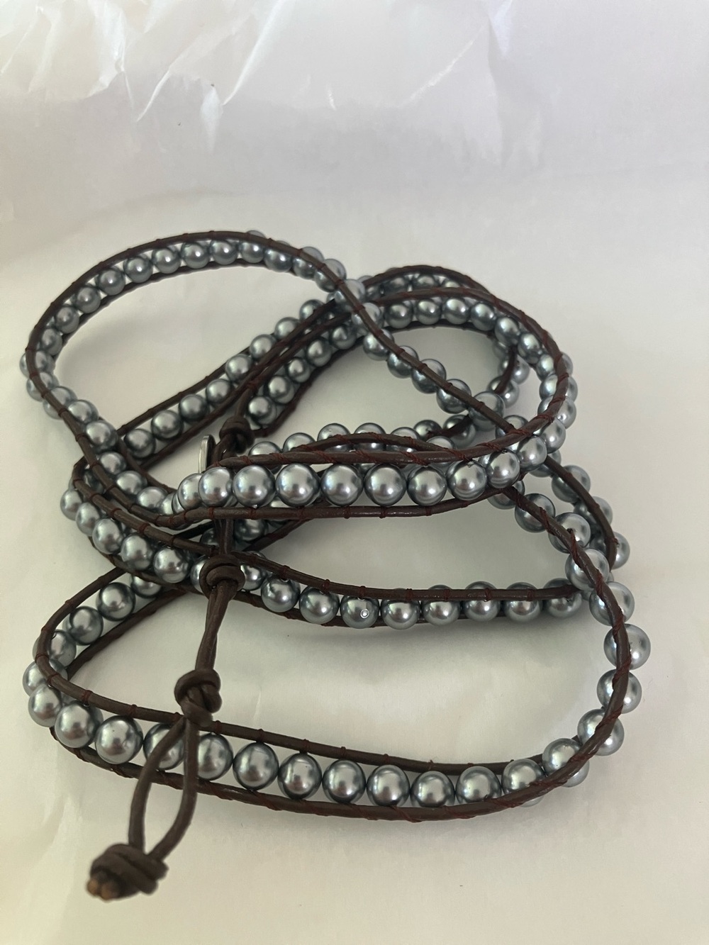 Victoria Emerson Silver Pearl Wrap Bracelet with Brown Leather HOBO STYLE